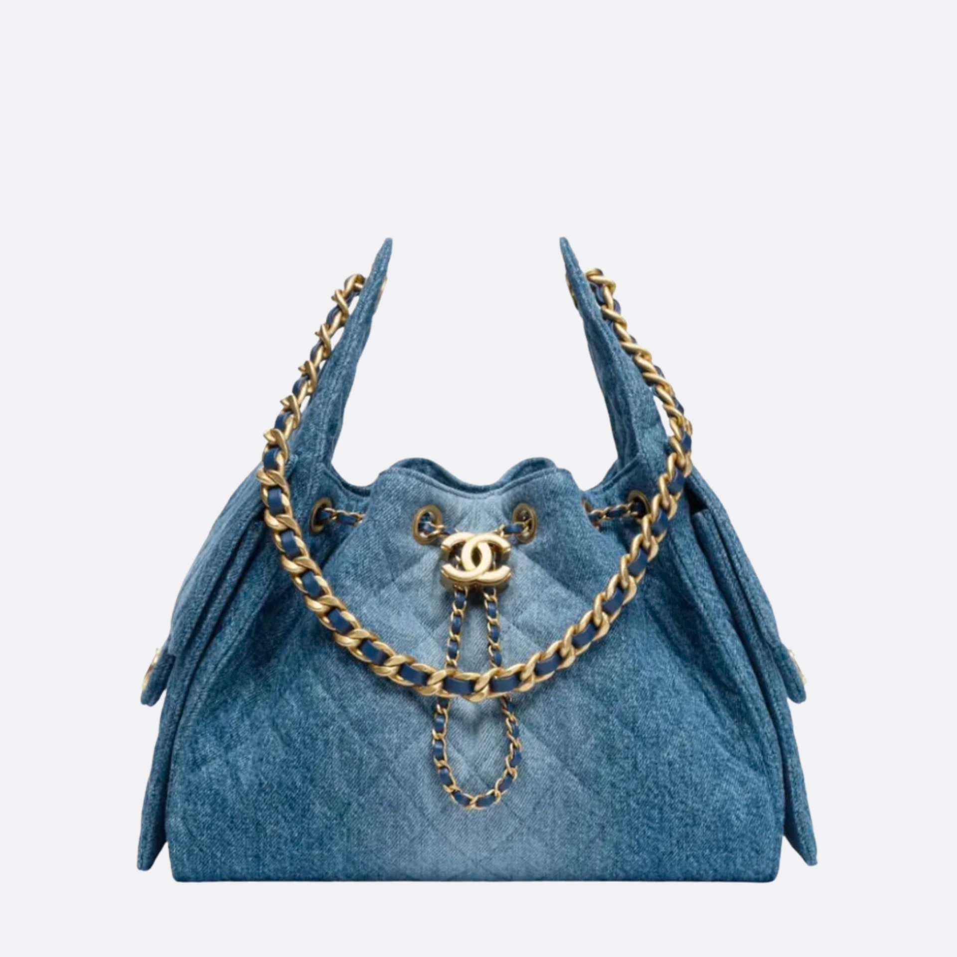 Chanel 25 Small Handbag Washed Denim & Gold-Tone Metal Blue